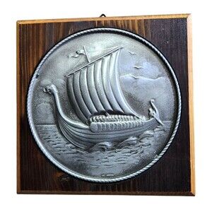 Hardanger Tredesign Viking Ship Wall Plaque Pewter & Wood Made in Norway